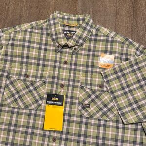 Ariat Rebar Men’s Short Sleeve Button Down Work Shirt NWT Green Tan Size Large